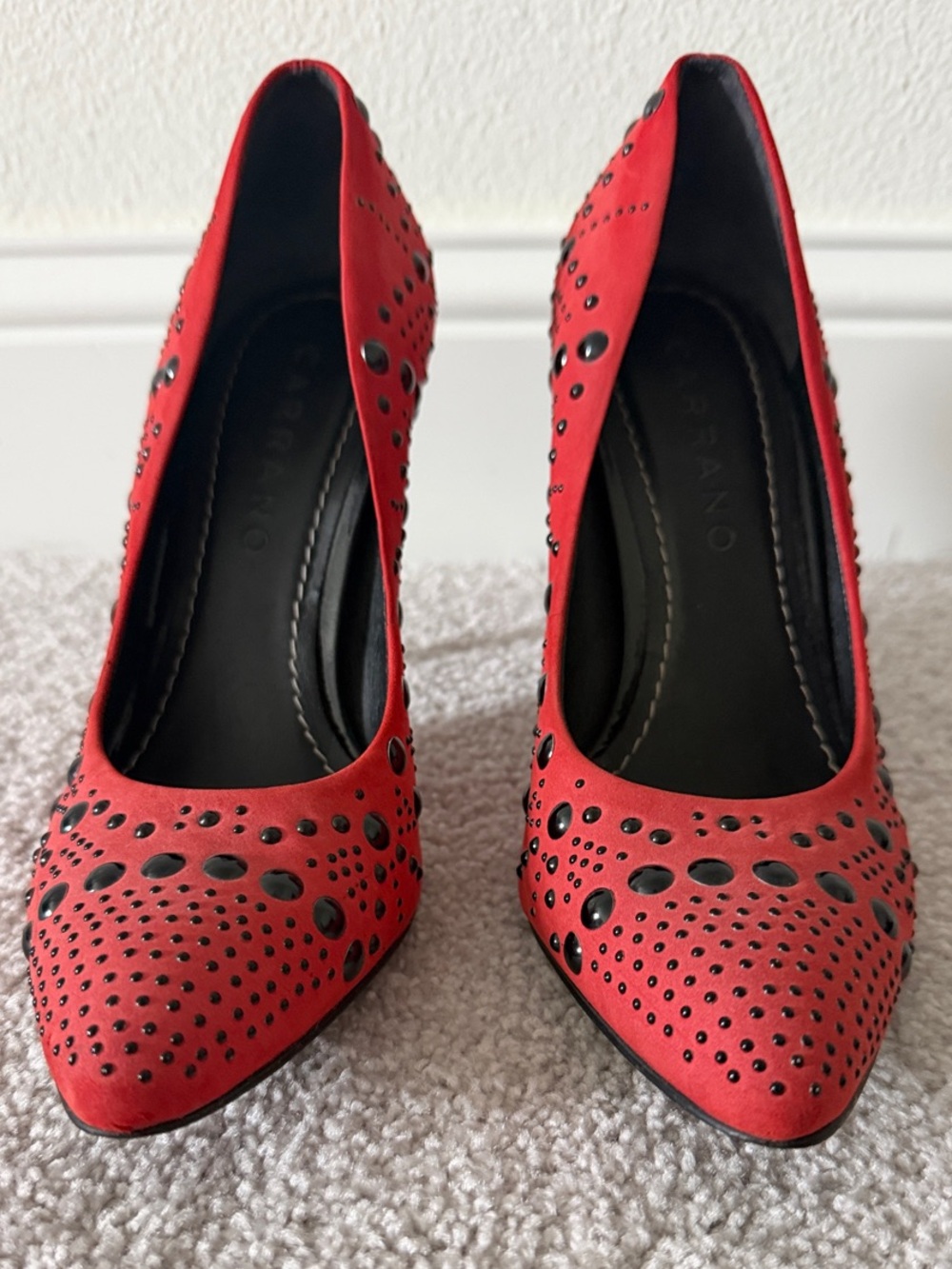 Red Perforated Pointed-Toe Heels with Stud Accents
